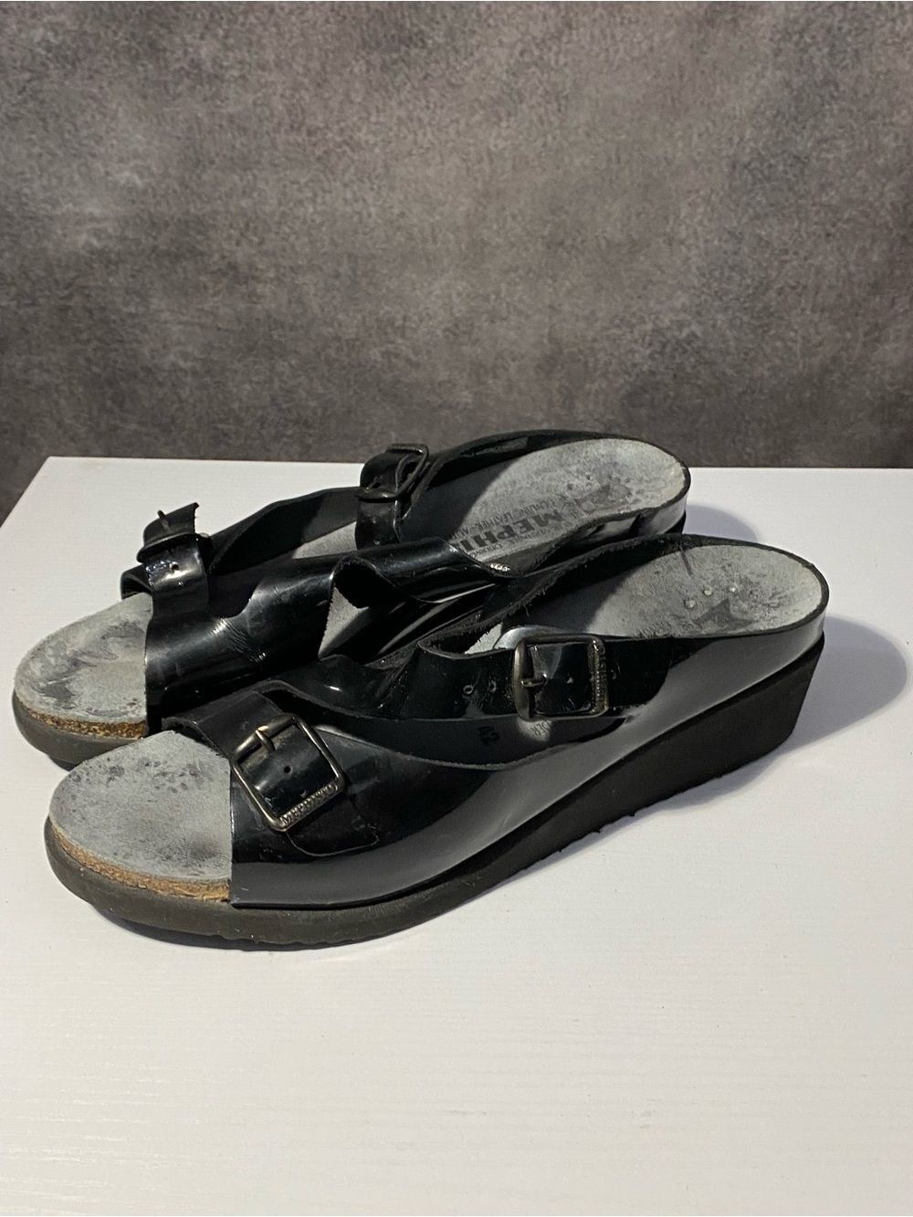 Mephisto Black Patent Wedge Slide Sandals with Dual Buckles EU 42 US 12